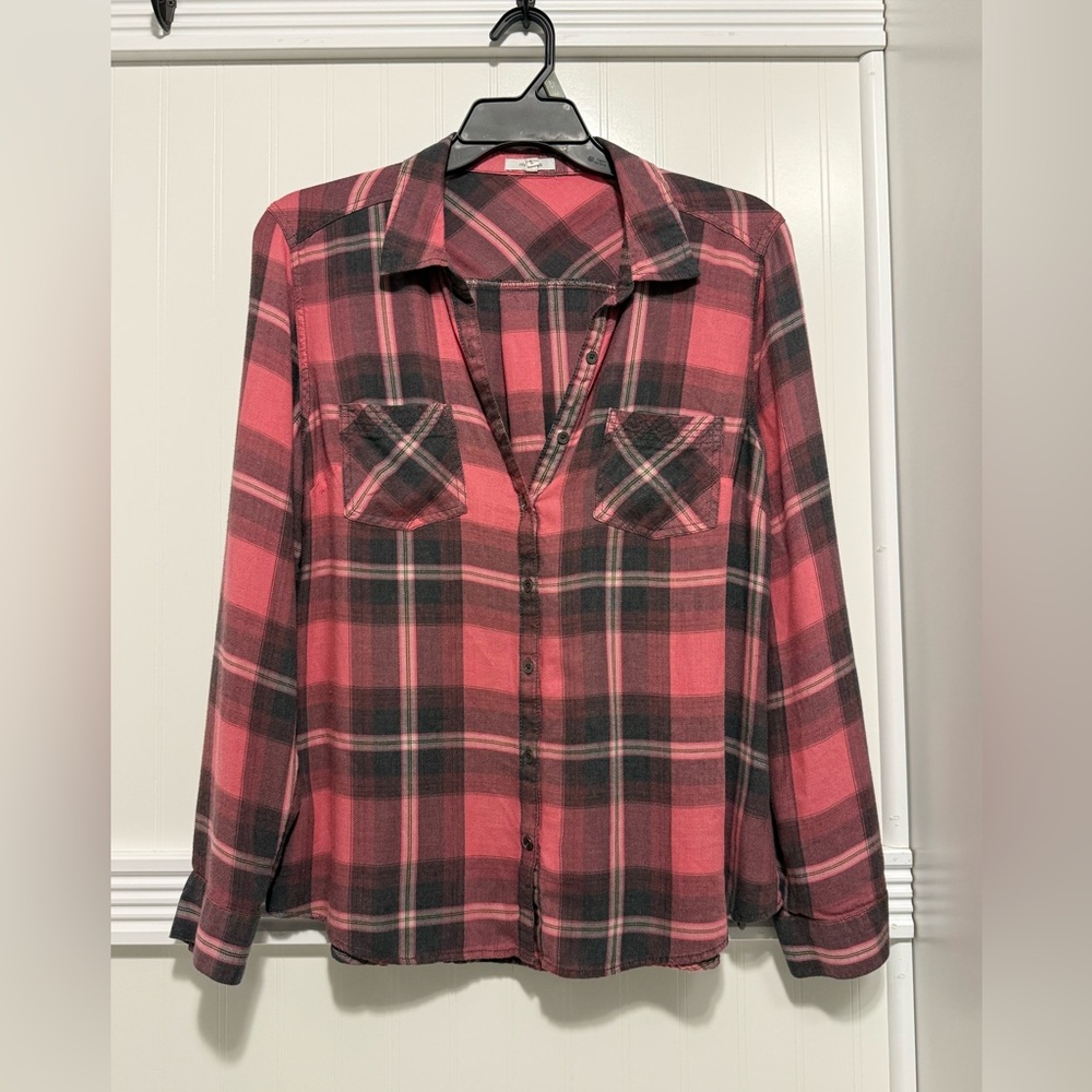 Maurices Coral/Dark Gray Plaid Button-down Shirt